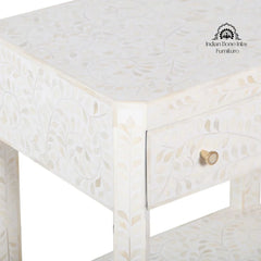 Bone Inlay Large 1 Drawer Bedside Table or Side Table with Shelf – White Floral