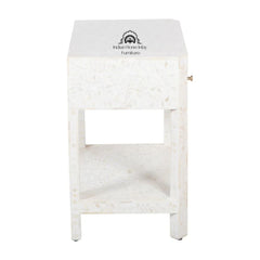 Bone Inlay Large 1 Drawer Bedside Table or Side Table with Shelf – White Floral