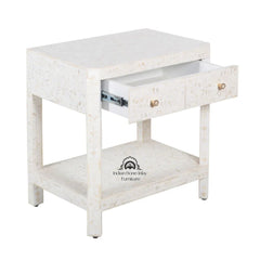 Bone Inlay Large 1 Drawer Bedside Table or Side Table with Shelf – White Floral