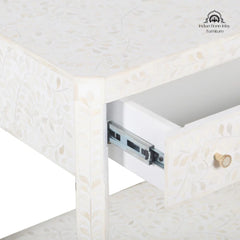 Bone Inlay Large 1 Drawer Bedside Table or Side Table with Shelf – White Floral