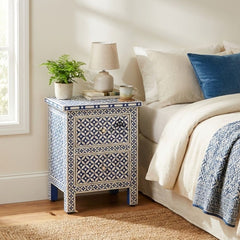 Bone Inlay Bedside Table with 2 Drawers – Indigo Blue