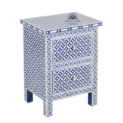 Bone Inlay Bedside Table with 2 Drawers – Indigo Blue