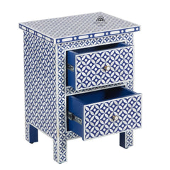 Bone Inlay Bedside Table with 2 Drawers – Indigo Blue