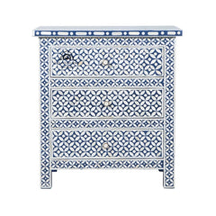 Bone Inlay Large Bedside Table with 3 Drawers – Navy Blue Geometric