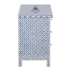 Bone Inlay Large Bedside Table with 3 Drawers – Navy Blue Geometric