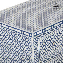 Bone Inlay Large Bedside Table with 3 Drawers – Navy Blue Geometric
