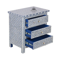 Bone Inlay Large Bedside Table with 3 Drawers – Navy Blue Geometric