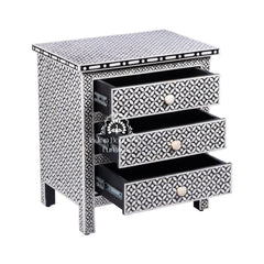 Bone Inlay Large 3 Drawer Bedside Table – Black Geometric