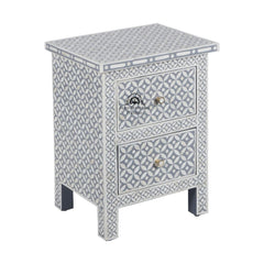 Bone Inlay Bedside Table with 2 Drawers – Geometric Grey