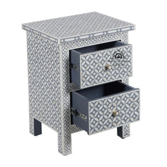Bone Inlay Bedside Table with 2 Drawers – Geometric Grey
