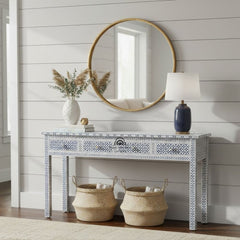 Bone Inlay 4 Drawer Hall Table / Side Table (Extra Long 155cm) – Indigo Blue Geometric