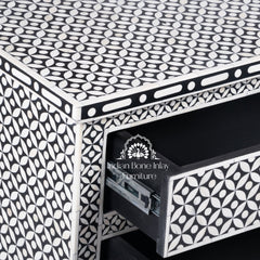 Bone Inlay Large 3 Drawer Bedside Table – Black Geometric