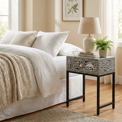 Bone Inlay 1 Drawer Bedside Table with Black Frame – Black Floral