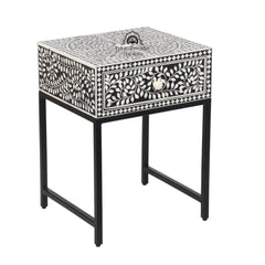 Bone Inlay 1 Drawer Bedside Table with Black Frame – Black Floral