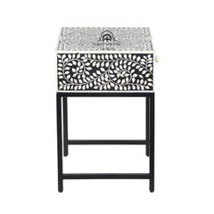 Bone Inlay 1 Drawer Bedside Table with Black Frame – Black Floral