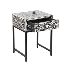 Bone Inlay 1 Drawer Bedside Table with Black Frame – Black Floral