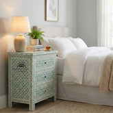 Bone Inlay Large 3 Drawer Bedside Table – Sage Green Geometric