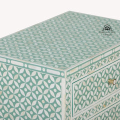Bone Inlay Large 3 Drawer Bedside Table – Sage Green Geometric