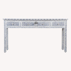 Bone Inlay 4 Drawer Hall Table / Side Table (Extra Long 155cm) – Indigo Blue Geometric