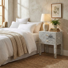 Bone Inlay Bedside Table with 2 Drawers – Grey Floral