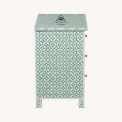 Bone Inlay Large 3 Drawer Bedside Table – Sage Green Geometric