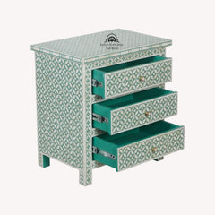 Bone Inlay Large 3 Drawer Bedside Table – Sage Green Geometric