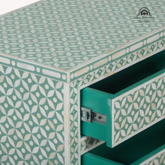 Bone Inlay Large 3 Drawer Bedside Table – Sage Green Geometric