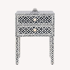 Bone Inlay Bedside Table with 2 Drawers – Black Geometric