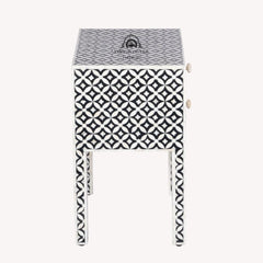 Bone Inlay Bedside Table with 2 Drawers – Black Geometric