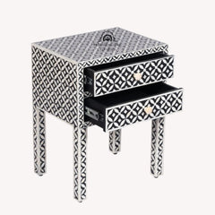 Bone Inlay Bedside Table with 2 Drawers – Black Geometric