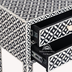 Bone Inlay Bedside Table with 2 Drawers – Black Geometric