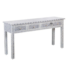 Bone Inlay 4 Drawer Hall Table / Side Table (Extra Long 155cm) – Indigo Blue Geometric