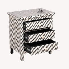 Bone Inlay Large 3 Drawer Bedside Table – Thin Zig Zag