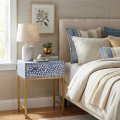Bone Inlay 1 Drawer Bedside Table – Indigo Blue Floral