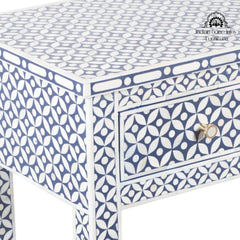 Bone Inlay 4 Drawer Hall Table / Side Table (Extra Long 155cm) – Indigo Blue Geometric
