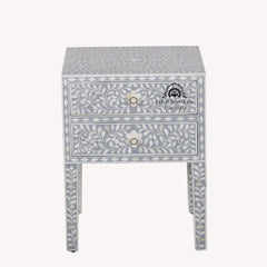 Bone Inlay Bedside Table with 2 Drawers – Grey Floral