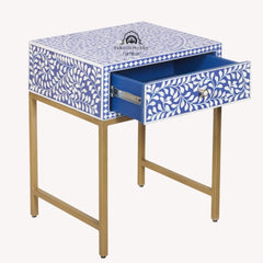 Bone Inlay 1 Drawer Bedside Table – Indigo Blue Floral