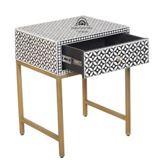 Bone Inlay 1 Drawer Bedside Table – Black Geometric