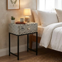 Bone Inlay 1 Drawer Bedside Table – Black Zig Zag