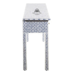 Bone Inlay 4 Drawer Hall Table / Side Table (Extra Long 155cm) – Indigo Blue Geometric