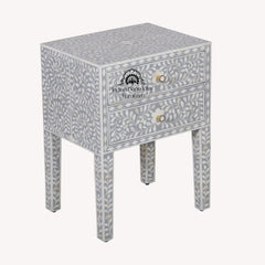 Bone Inlay Bedside Table with 2 Drawers – Grey Floral