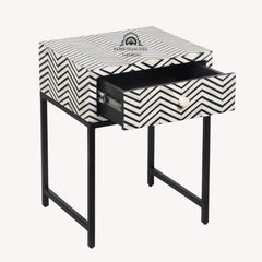 Bone Inlay 1 Drawer Bedside Table – Black Zig Zag