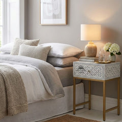 Bone Inlay 1 Drawer Bedside Table – Grey Geometric