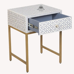Bone Inlay 1 Drawer Bedside Table – Grey Geometric