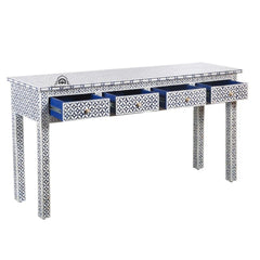 Bone Inlay 4 Drawer Hall Table / Side Table (Extra Long 155cm) – Indigo Blue Geometric