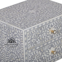 Bone Inlay Bedside Table with 2 Drawers – Grey Floral