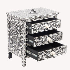 Bone Inlay Large 3 Drawer Bedside Table – Black Floral