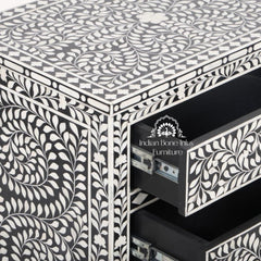 Bone Inlay Large 3 Drawer Bedside Table – Black Floral