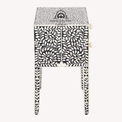 Bone Inlay Bedside Table with 2 Drawers – Black Floral