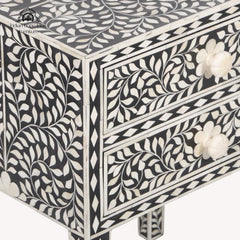 Bone Inlay Bedside Table with 2 Drawers – Black Floral
